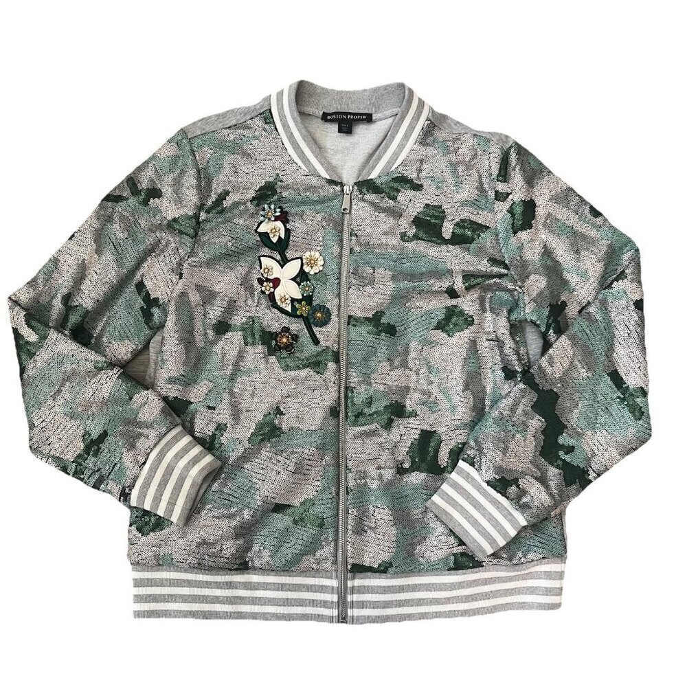 Boston Proper Sequin Camo Zip Varsity Jacket Size Large Embellished Floral